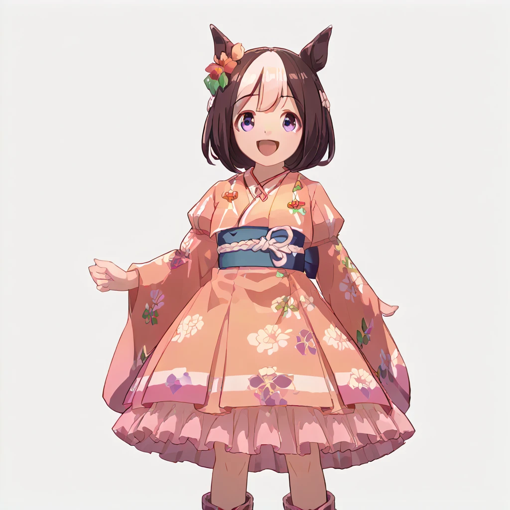 best quality, absurdres, masterpiece, 1人の女の子
special week \(Uma Musume\), 
full body, standing upright, white background, simple background, (purple (lolita fashion:1.5),(petticoat pannier:1.4),(high-waisted, flowing skirt with kimono motifs:1.6),(wrap-around black bodice with obi-like belt:1.2),(large flower pattern:1.3),(long flared kimono sleeves:1.1),(braided boots:1.3), happy, laughing, tall, 30-year-old, adult, cute, beautiful, upper body, outside, in the city, at night, with snow