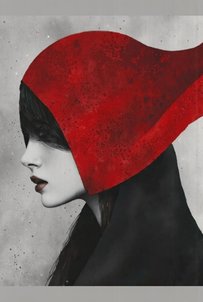 "A complex and impressionist watercolor artwork exploring the theme of undefined identity. The central figure is depicted in profile, draped in a vivid red hood flowing with intricate textures, blending seamlessly into a layered, muted gray background. A sharp green triangle overlays the figure's face, partially obscuring their features and merging with abstract geometric patterns that ripple outward like fragmented reflections. The interplay of bold red, green, and black tones creates a stark contrast against the soft, fluid watercolor strokes. The figure's shadowy cloak dissolves into a swirl of abstract forms and textures, symbolizing the disintegration and reconstruction of identity. Subtle elements like fractured lines, translucent layers, and gradient washes add complexity, evoking themes of self-fragmentation, anonymity, and the multifaceted nature of human existence."

