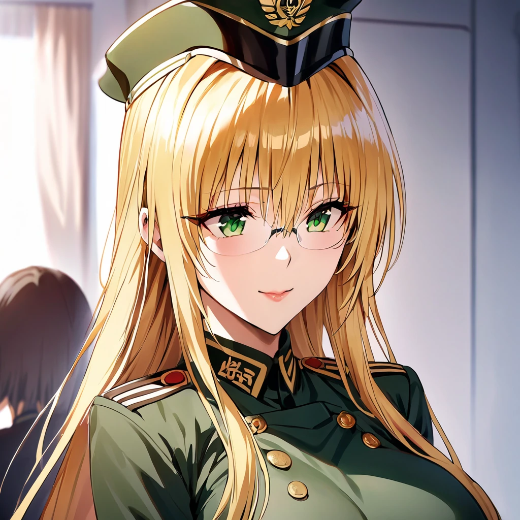 Anime-style image of a woman in a green uniform on a green background, Marin Kitagawa Fanart, Digital anime illustration, High resolution consignment, High quality fan art, (3/4 Bust), ((Big Breasts!)), oc commission, cel - shaded art style, Anime style portrait, (SFW) Safe at Work, Anime Character Portraits, Detailed Anime Character Art, Official character art