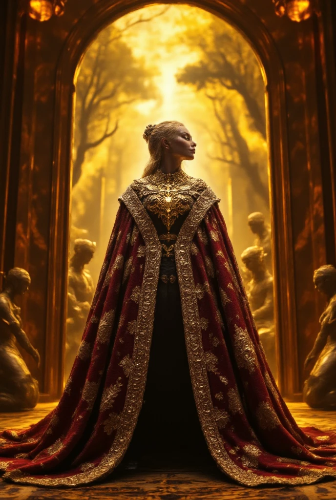 (best quality, 128k,highres,masterpiece:1.2),ultra-detailed,(realistic,photorealistic,photo-realistic:1.37), ((masterpiece)) ((photography)) ((Highest quality))  
A grand throne room bathed in golden light, with a regal figure dressed in a flowing, intricate robe adorned with jewels. They stand tall, their chin lifted in arrogance, gazing into a mirror that reflects a distorted, monstrous version of themselves. The background is filled with towering statues bowing in their direction.