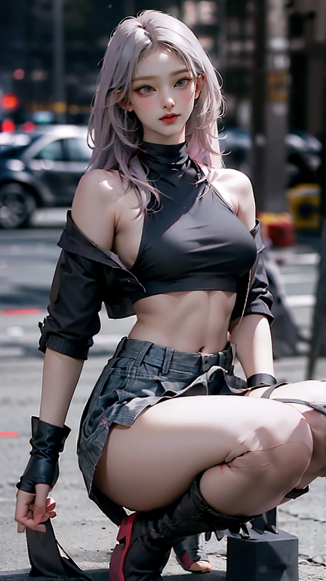 woman, Pink Grey Hair , Green Eyes, wearing a black crop top shirt, Long Black Jacket , red check skirt , ( black knee-high boots), black fingerless gloves , exposed shoulders, (whole body), Big breasts Freckles, , abs, watch viewers, masterpiece, best quality, , Holopunk Style , (nsfw:0.8), erect nipples during the day