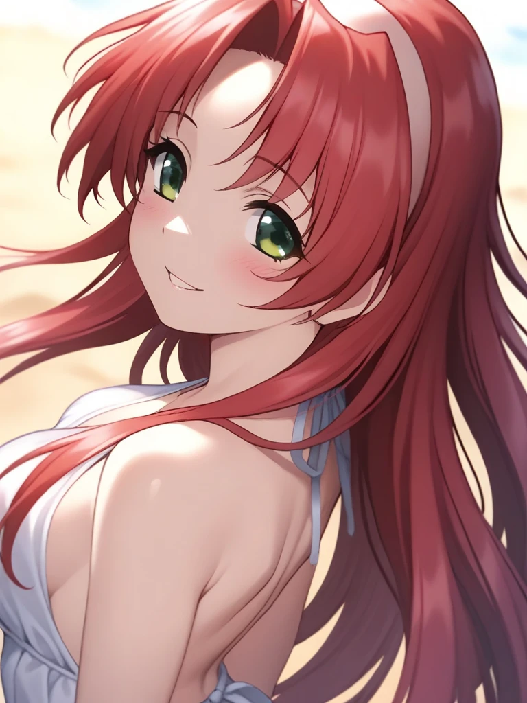 masterpiece, best quality, SetoAyano, 1girl, solo, long hair, red hair, green eyes, breasts, smile, blush, hairband, smile, happy, blush, Backless Dress, white dress, A beach bathed in sunlight filtering through the trees, cinematic angle,