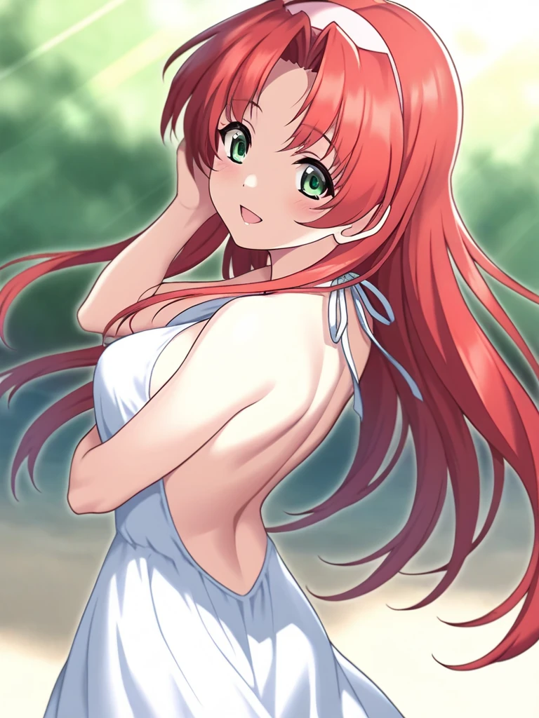 masterpiece, best quality, SetoAyano, 1girl, solo, long hair, red hair, green eyes, breasts, smile, blush, hairband, smile, happy, blush, Backless Dress, white dress, A beach bathed in sunlight filtering through the trees, cinematic angle,