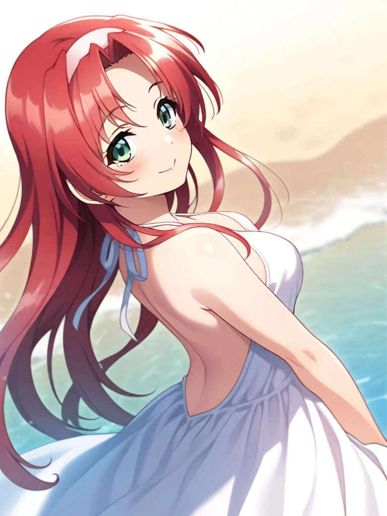 masterpiece, best quality, SetoAyano, 1girl, solo, long hair, red hair, green eyes, breasts, smile, blush, hairband, smile, happy, blush, Backless Dress, white dress, A beach bathed in sunlight filtering through the trees, cinematic angle,