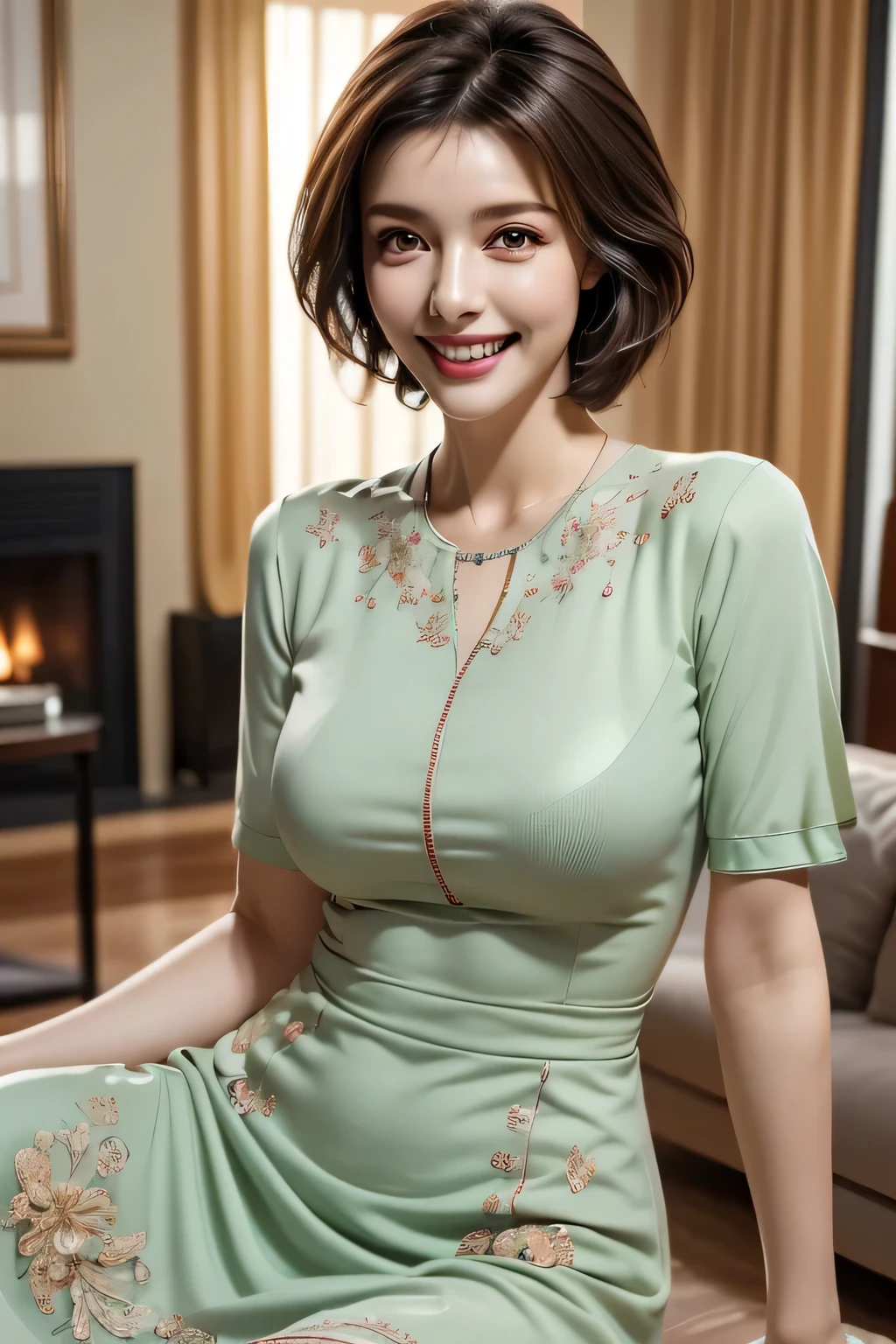( 1 ultimate beauty), middle aged, very detailed face, beautiful brown eyes, Star-shaped pupil, double eyelids, eyelash , Beautiful Teeth, lips, short dark hair , (Colorful Casual Dresses), Grin, thighs, perfect lighting, (masterpiece), ( Photorealistic:1.4), ( super detailed ), ( top quality ), ( best shadow), super high res, (background: living room at home)