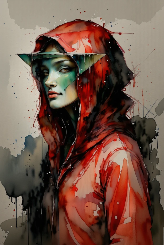 "A complex and impressionist watercolor artwork exploring the theme of undefined identity. The central figure is depicted in profile, draped in a vivid red hood flowing with intricate textures, blending seamlessly into a layered, muted gray background. A sharp green triangle overlays the figure's face, partially obscuring their features and merging with abstract geometric patterns that ripple outward like fragmented reflections. The interplay of bold red, green, and black tones creates a stark contrast against the soft, fluid watercolor strokes. The figure's shadowy cloak dissolves into a swirl of abstract forms and textures, symbolizing the disintegration and reconstruction of identity. Subtle elements like fractured lines, translucent layers, and gradient washes add complexity, evoking themes of self-fragmentation, anonymity, and the multifaceted nature of human existence."

