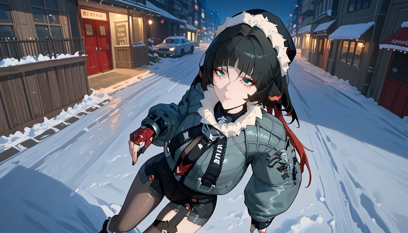 yanedoe- zzz, aqua eyes, long hair , black hair,  red hair ,  Animal ears,  looking at the viewer ,  smiles,  full length,  the body is completely 1.1.,  correct anatomy 1 .1., very sexy,  sexy position , Above the building, I look at the city,  facing the viewer , night city,  snow , улицы в  snow у,  christmas hat on his head, cyberpunk street, 