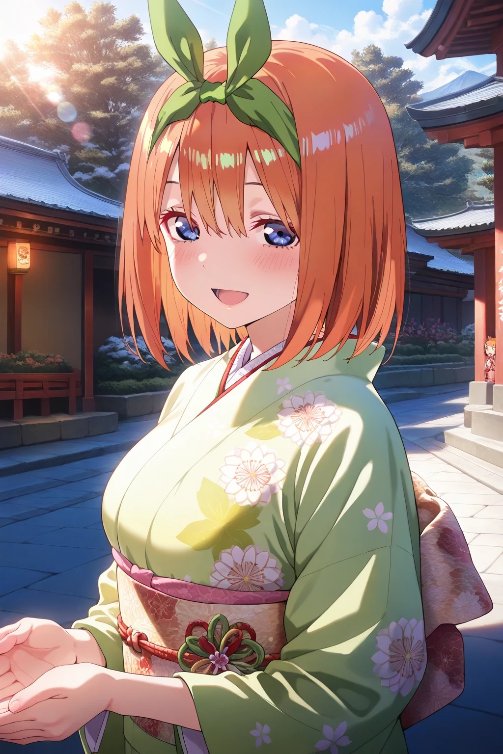 cute, Fine, yotsuba nakano, bangs, short hair, blue eyes, hair between eyes, hair ribbon, hairband, orange hair, green ribbon, mature female,
A white and very light green kimono, a Japanese kimono with cute flowers, a pink obi,Shrines, Japanese New Year's Visits, Outdoors,upper body,Smile, open mouth, Looking At Viewer, red cheeks, narrowed eyes,strong backlight, beautiful sunlight, beautiful lighting, lens flare, light leak, Touching illustrations, touching, emotional, like a scene from a movie,beautiful art, beautiful illustrations, best art, beautiful art, amazing art, amazing illustrations, masterpiece,best quality,amazing quality,very aesthetic,absurdres,newest,