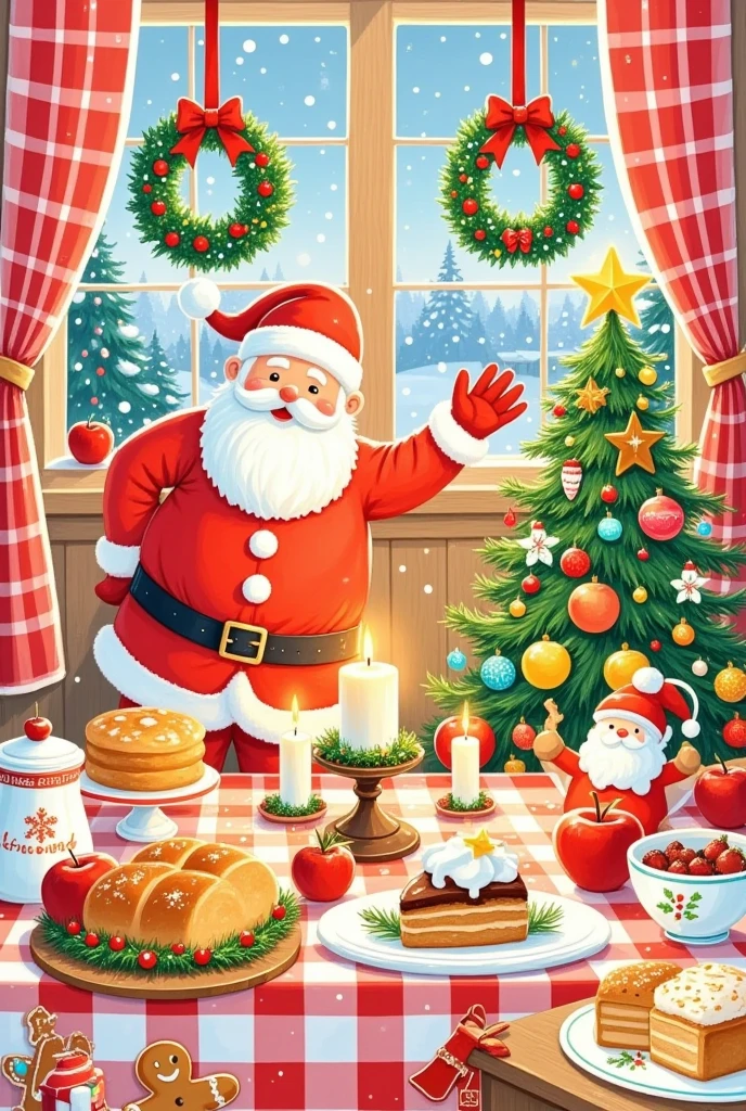 Pastel Art，Christmas illustration ，Plaid curtains ，The kitchen tablecloth is lined with bread、cake、Candle、glass、Christmas tree、Gingerbread Man、 apples、tableware、 with socks and Christmas wreaths hanging on the wall。 Santa Claus 。Artist's signature in the bottom right corner"Jennie"
。Word "Jenny"