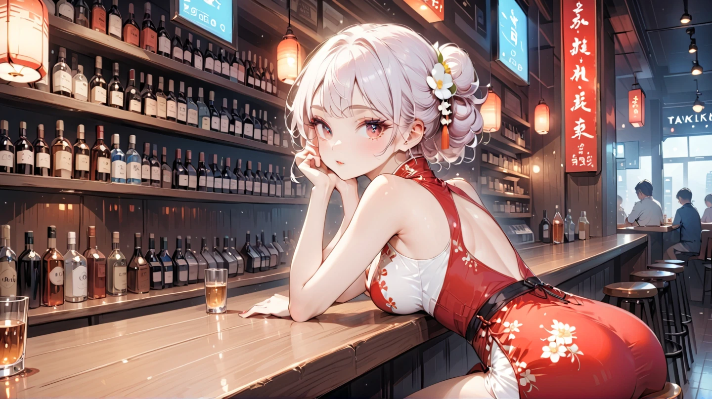 rating_safe, score_9, score_8_up, score_7_up, source_anime, masterpiece, best quality, solo, 1girl, wondering face, firm breasts(she is wearing red hugging cheongsam and white floral, tanline) ( sitting, bar counter, look back, side view) see butt and hip, lough bar Tokyo, (Japan), best quality, 8k,