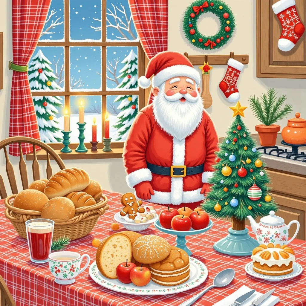 Pastel Art，Christmas illustration ，Plaid curtains ，The kitchen tablecloth is lined with bread、cake、Candle、glass、Christmas tree、Gingerbread Man、 apples、tableware、 with socks and Christmas wreaths hanging on the wall。 Santa Claus 