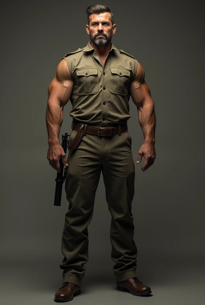 Movie poster, character design (Resident Evil - Chris Redfield, Chris Redfield) wearing a milky white combat uniform, standing alone in the ruins of the apocalypse, with a sad expression, muscular male hero, heroic male pose, tall and burly, muscular! Wearing sunglasses, sexy charming muscular leg muscles, tall burly, creamy white combat suit, super gain and cool, high resolution committee, cream white combat boots, attractive strong man, blazing sun on the body, sweat soaked clothes