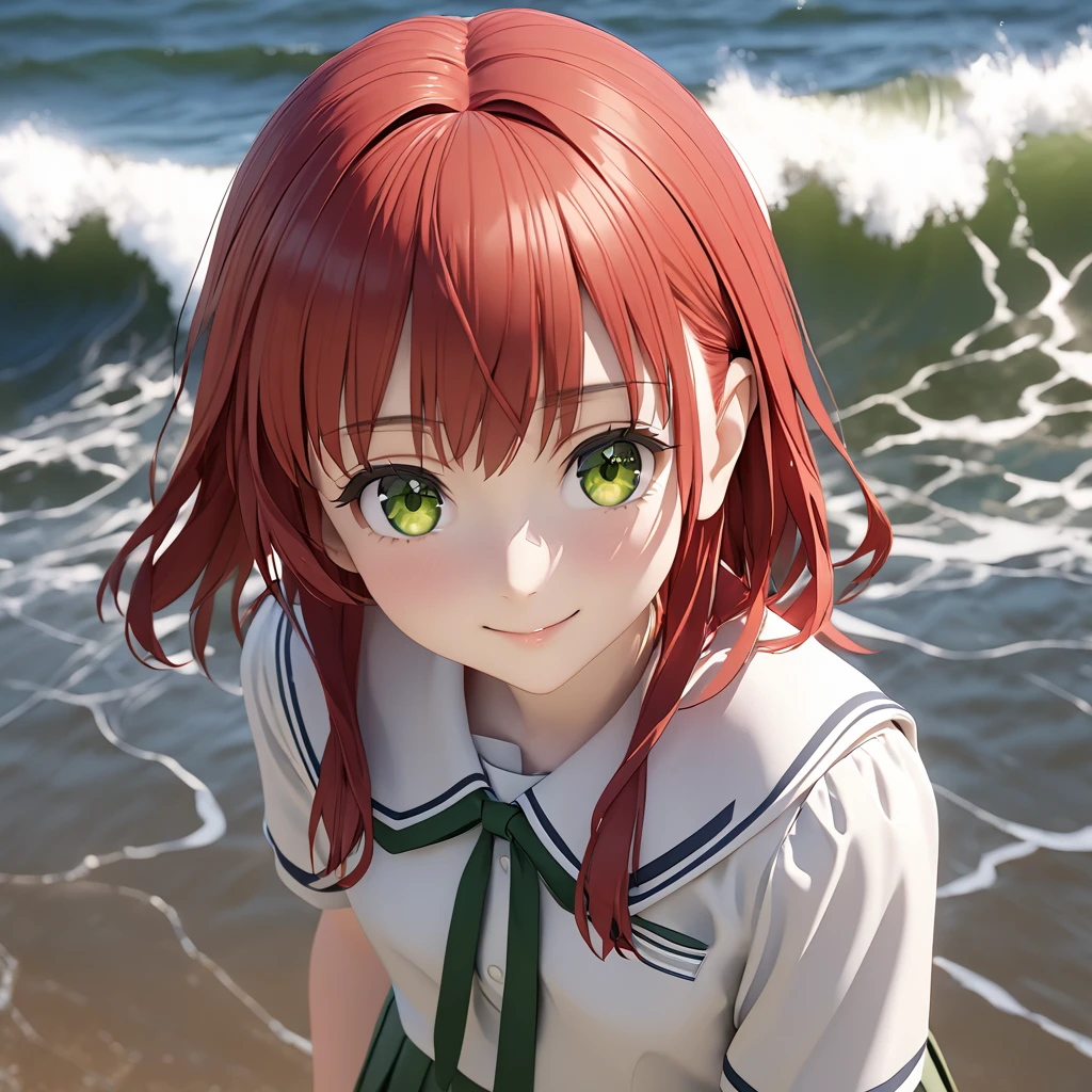 Red-haired and green-eyed girl posing for a photo, Ikuyo a, facing forward, realistic girl rendering, medium-length waves, smiling, Fate/Stay Night-like style, cute 3D girl rendering, woman The main character wears a light brown school uniform.