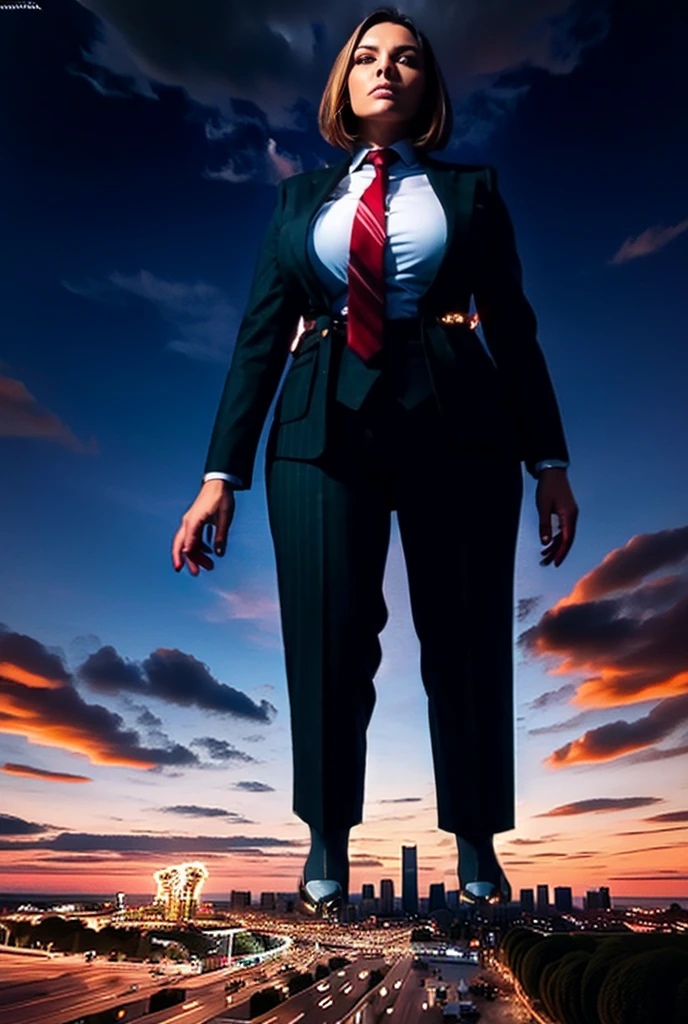 view from outer space of an approaching young giga giantess, Giantess art, 500 miles tall giga giantess, young sophisticated and stylish woman in a blue italian pinstriped trouser suit, form fitting crisp office shirt, and a large wide light blue necktie in a windsor knot, with a beautiful, curvaceous figure, large natural breasts, and short blonde hair, with a curvaceous figure and massive breasts. wearing blue rounded court high heels with uncovered feet and standing, rampage-like pose, with a city skyscrapers background of mega-city, skyscapers, partially obscured by a hazy, cloudy atmosphere. The image is a high-resolution, masterpiece-quality, cinematic, ultra-detailed, and hyper-photorealistic photograph, with perfect hands, face, and lighting. ultra-detailed, 8K, photo-realistic, hyper-realistic, masterpiece, intricate details, full body view. Looking at camera, The image is a high-resolution, masterpiece-quality, cinematic, ultra-detailed, and hyper-photorealistic photograph, with perfect hands, face, and lighting. ultra-detailed, 8K, photo-realistic, hyper-realistic, masterpiece, intricate details, from high above