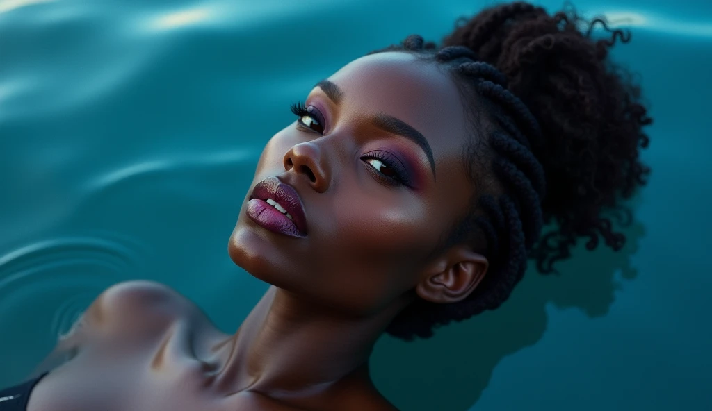 Create an artwork of the character and her image in the reflection showcasing opposite moods, (((image 1 of a black woman in vibrant silk dress staring at her reflection in a puddle of water on the ground)))) image 2 is the reflection of the same black woman, same facial features but wearing different dark silk dress. The artwork showcases different perspectives of the character in vibrant look & their reflection in a dark moody look.