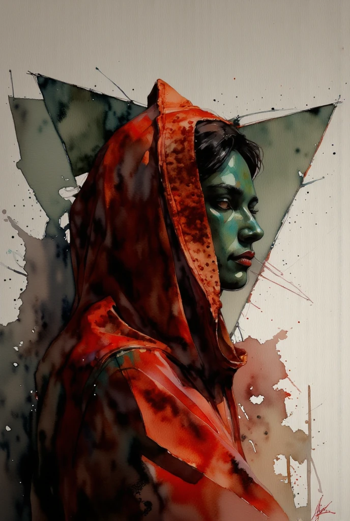 "A complex and impressionist watercolor artwork exploring the theme of undefined identity. The central figure is depicted in profile, draped in a vivid red hood flowing with intricate textures, blending seamlessly into a layered, muted gray background. A sharp green triangle overlays the figure's face, partially obscuring their features and merging with abstract geometric patterns that ripple outward like fragmented reflections. The interplay of bold red, green, and black tones creates a stark contrast against the soft, fluid watercolor strokes. The figure's shadowy cloak dissolves into a swirl of abstract forms and textures, symbolizing the disintegration and reconstruction of identity. Subtle elements like fractured lines, translucent layers, and gradient washes add complexity, evoking themes of self-fragmentation, anonymity, and the multifaceted nature of human existence."

