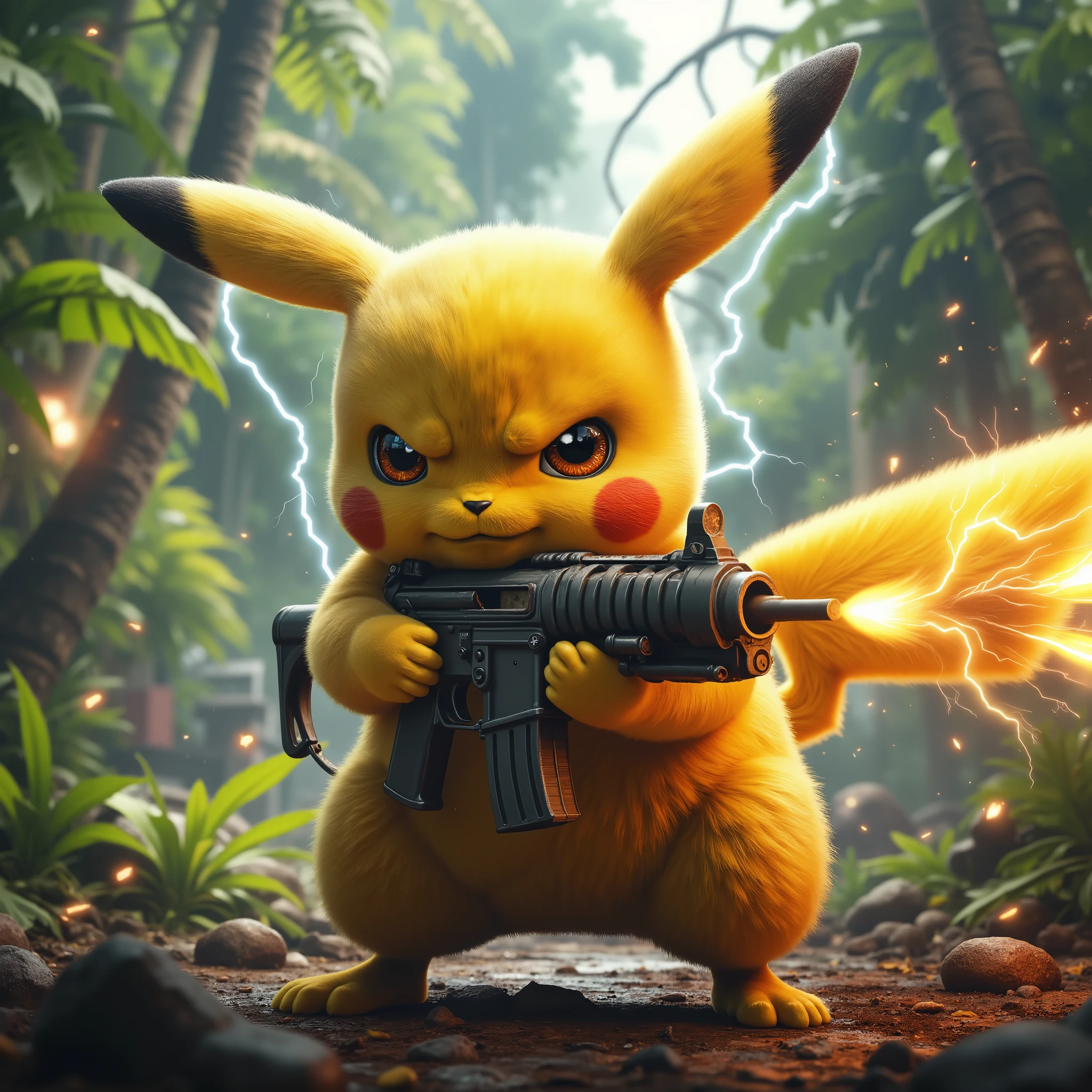 a realistic photo of pikachu is shooting a machinegun in the jungle. It's war!