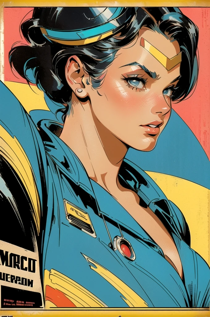 ((( masterpieces and top quality))),(((solo:1.2))),((( 1 girl:1.2))),32K Wallpaper,futuristic sci-fi ,((((( retro vintage movie poster))))),(((((Perfect beauty))))),(((((close-up))))),((dynamic angle)),(((Absolutely Simple Background ))),(((Cleavage))),((( American Comics ))),Open your mouth wide with a confident expression