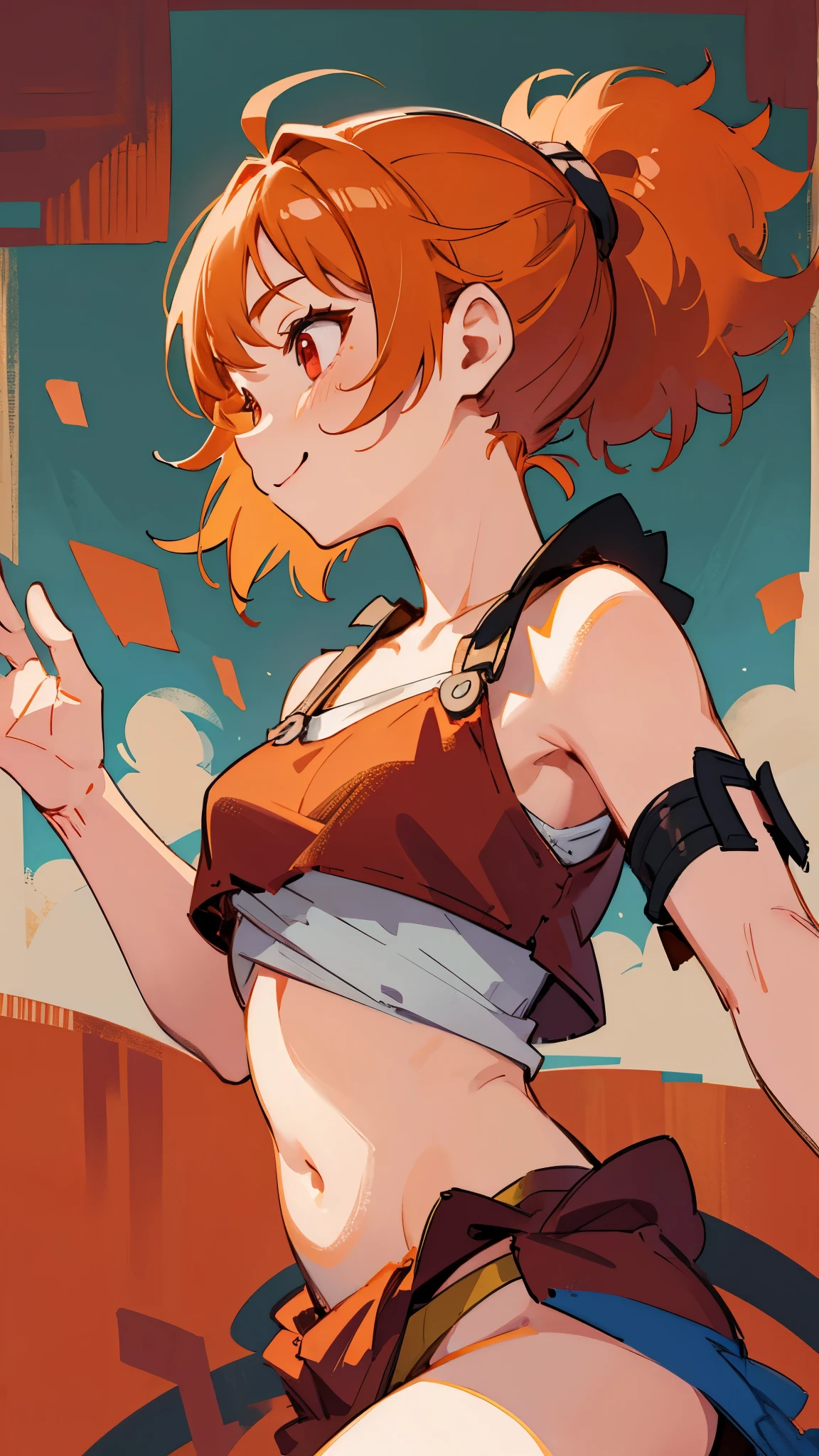 city、masterpiece、highest quality、1 girl、orange hair、ponytail、round red eyes、short hair、profile、camisole、loincloth、raise your hands、smile