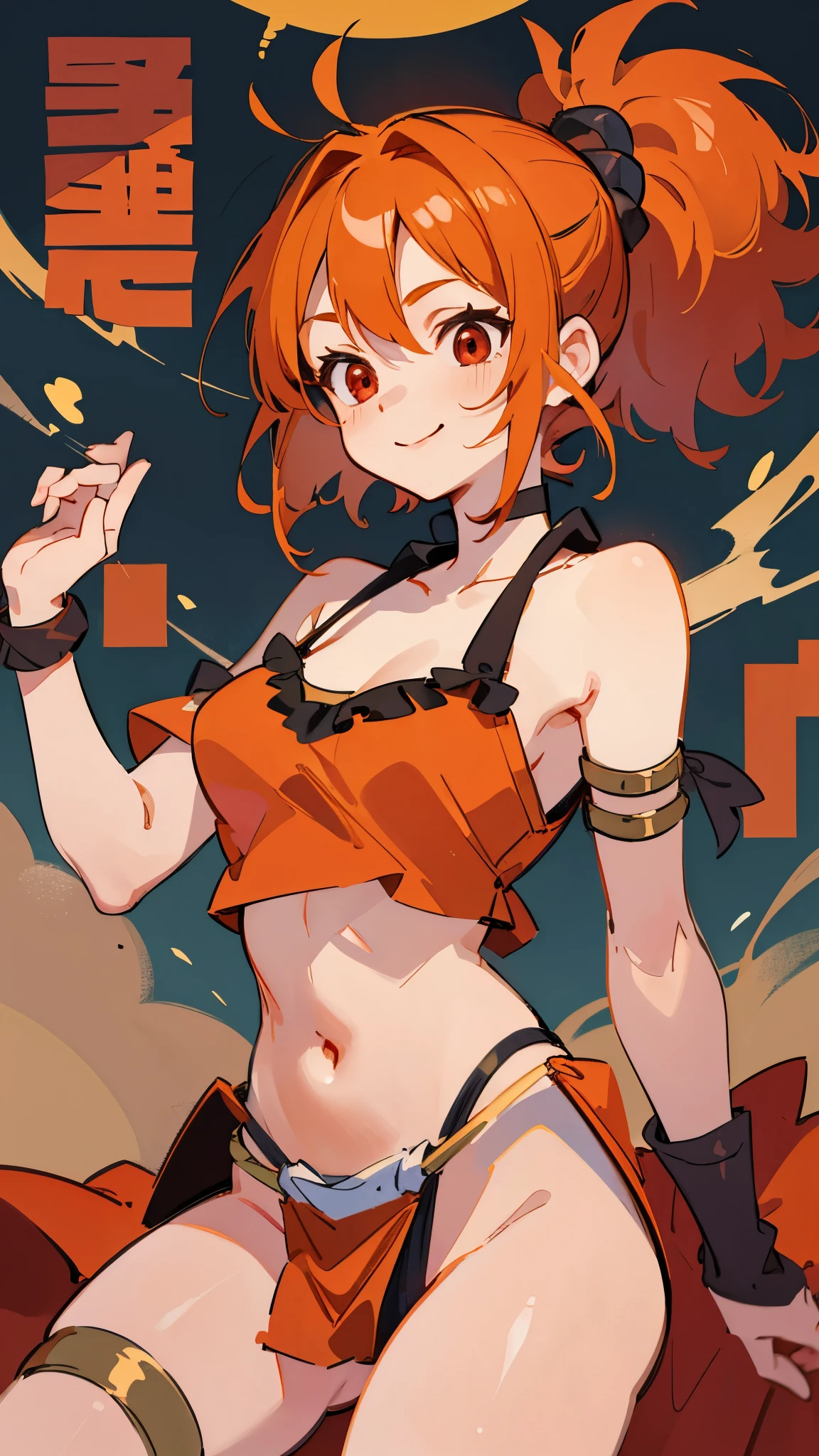 Anime-like drawing、1 girl、from behind、orange hair、ponytail、round red eyes、short hair、camisole、loincloth、smile