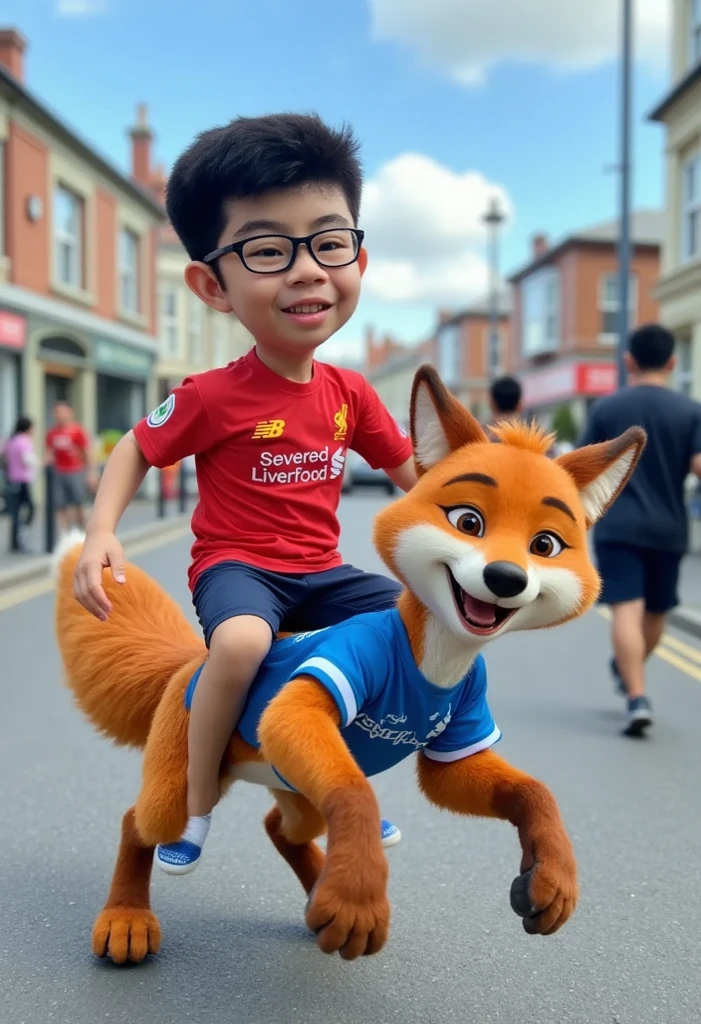 3D Pixar, A boy wearing glasses and a red "Liverpool" T-shirt riding on the back of a fox that wearing a blue "Leicester City" T-shirt running on the street laughing and having fun.