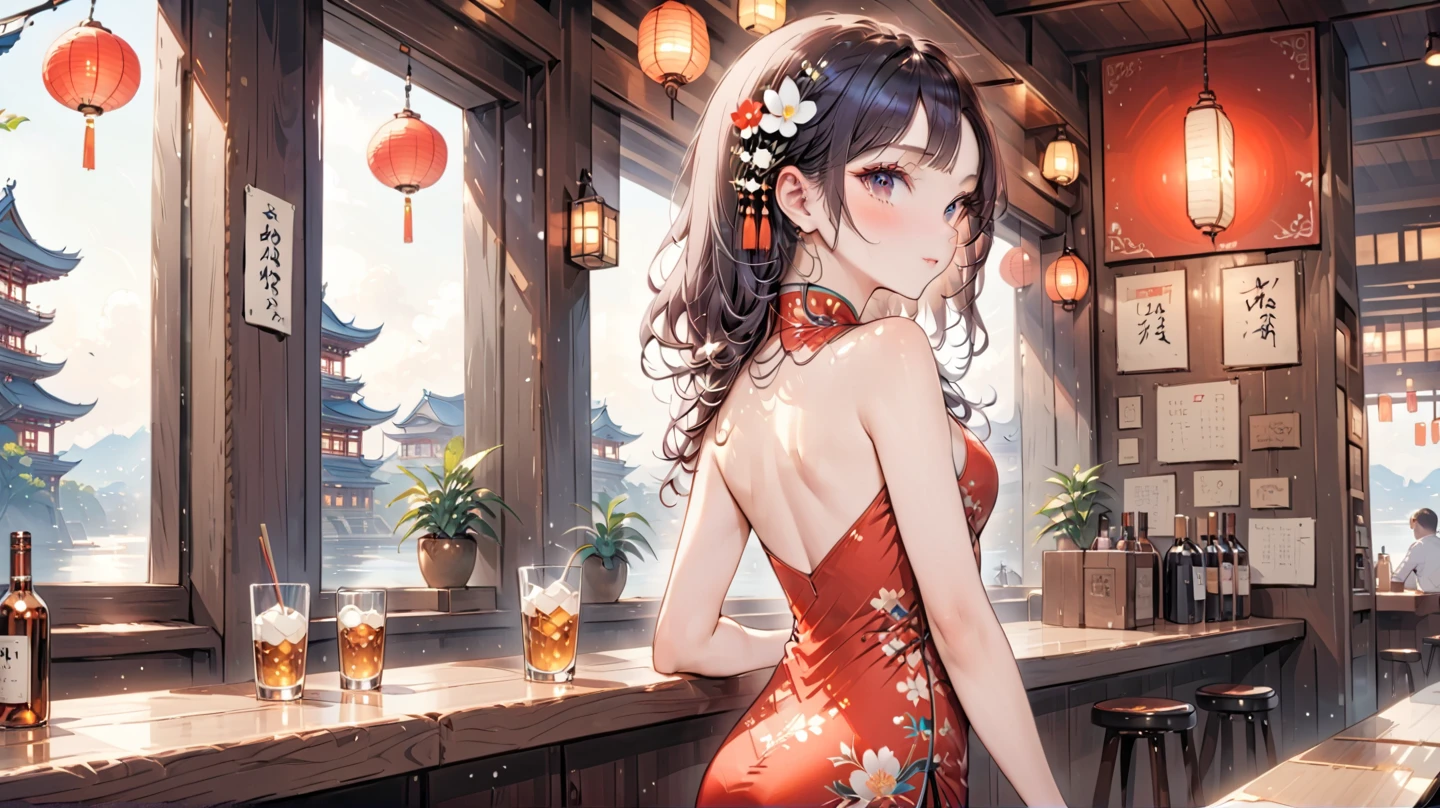 rating_safe, score_9, score_8_up, score_7_up, source_anime, masterpiece, best quality, solo, 1girl, wondering face, firm breasts(she is wearing red hugging cheongsam and white floral) ( standing, bar counter, look back, side view) see butt and hip, lough bar Tokyo, (Japan), best quality, 8k,