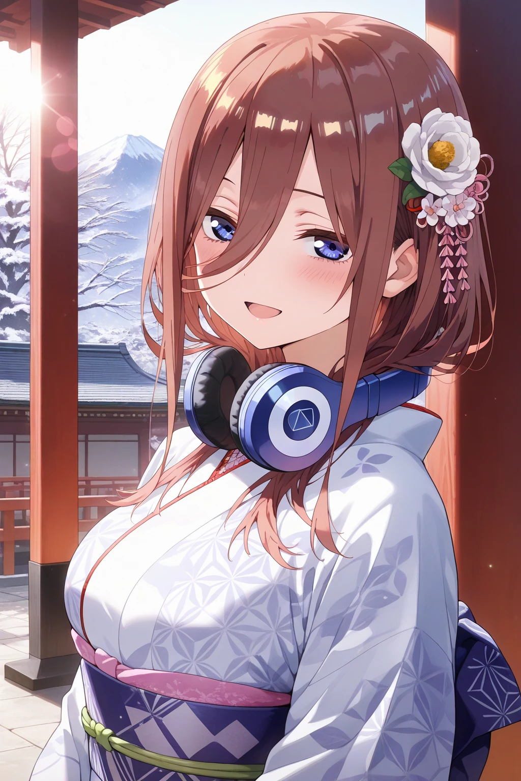 miku nakano, long hair, bangs, blue eyes, brown hair, shirt, hair between eyes, headphones, headphones around neck, mature female,
A light blue and navy gradation kimono, a Japanese kimono with a red camellia pattern, a light purple obi, and a single white Japanese flower hair ornament,Shrines, Japanese New Year's Visits, Outdoors,upper body,Smile, open mouth, Looking At Viewer, red cheeks, narrowed eyes,strong backlight, beautiful sunlight, beautiful lighting, lens flare, light leak, Touching illustrations, touching, emotional, like a scene from a movie,beautiful art, beautiful illustrations, best art, beautiful art, amazing art, amazing illustrations, masterpiece,best quality,amazing quality,very aesthetic,absurdres,newest,