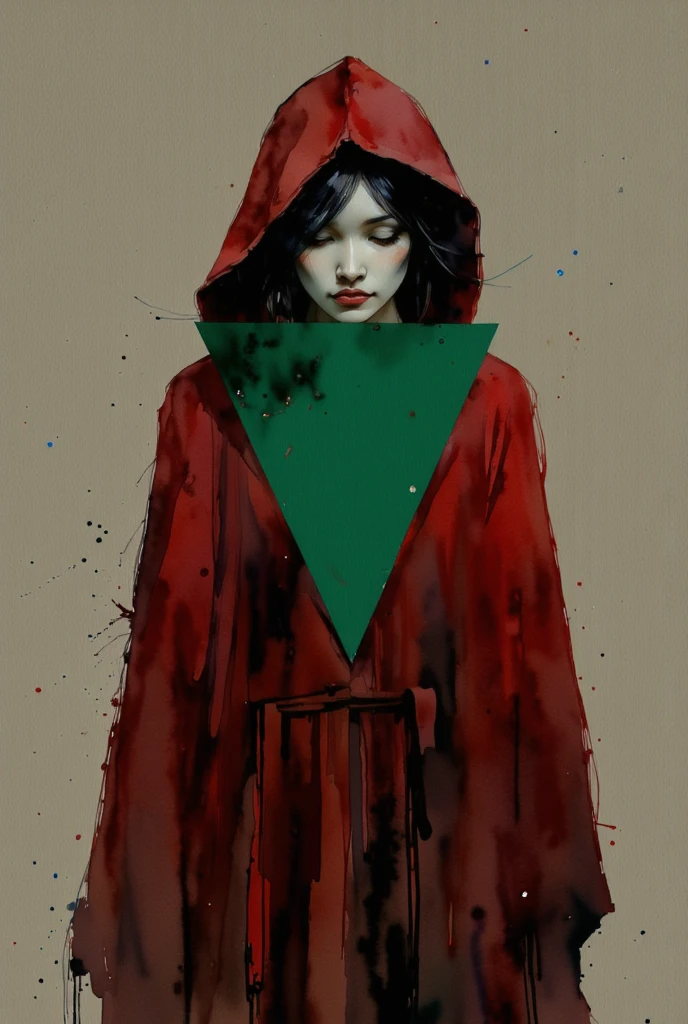 minimalist and impressionist watercolor artwork exploring the concept of undefined identity. The composition features a mysterious figure in profile, draped in a flowing red hood, its vibrant color bleeding softly into the muted gray background. A bold green triangle overlays the face, obscuring features and creating an abstract focal point that challenges the viewer's perception of identity. The figure’s pale complexion, deep black hair, and shadowy cloak add contrast and depth, while the fluid watercolor strokes evoke themes of anonymity, transformation, and the fluidity of self