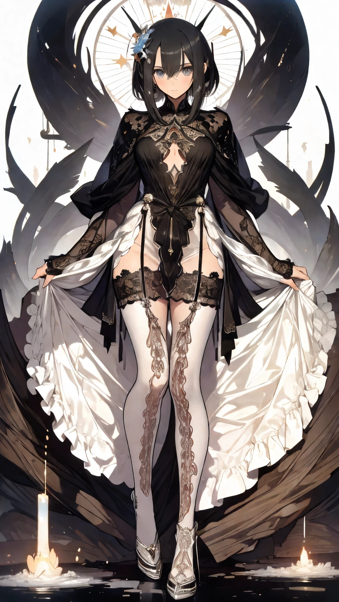((best quality)), ((masterpiece)), (detailed), 1girl, Character design, NSFW, scholarly female, scholar, female scholar, educator, teacher, fortune teller, holding a large bell, carrying a large bell, ringing a large bell, bell, astrology, astrological symbolism, star reading, celestrial theme, heavens, heavens above, constellations, imposing, terrifying, biblical, blood magic, blood mage, dynamic poses, long white grey hair, grey white eyes, very skinny, detailed, best quality, prominent collarbones, skinny arms, flat stomach, visible hip bones, small breasts, full body, blank white background, plain background, white background, red and white clothing, Bloodborne inspired, occult aesthetic, occult, detailed and intricate steampunk and detailed gothic, NSFW, Fluttering lace flared long knee length dress with frilly petticoats, knee length dress, pleated petticoats, petticoats gothic, complex lace boots, gothic aesthetic, wielding a mighty sword with mechanical components, mandalas, small breasts, a fairy, various different types of insect wings, bug wings, beetle wings, NSFW, full body, whole body, body, chains,