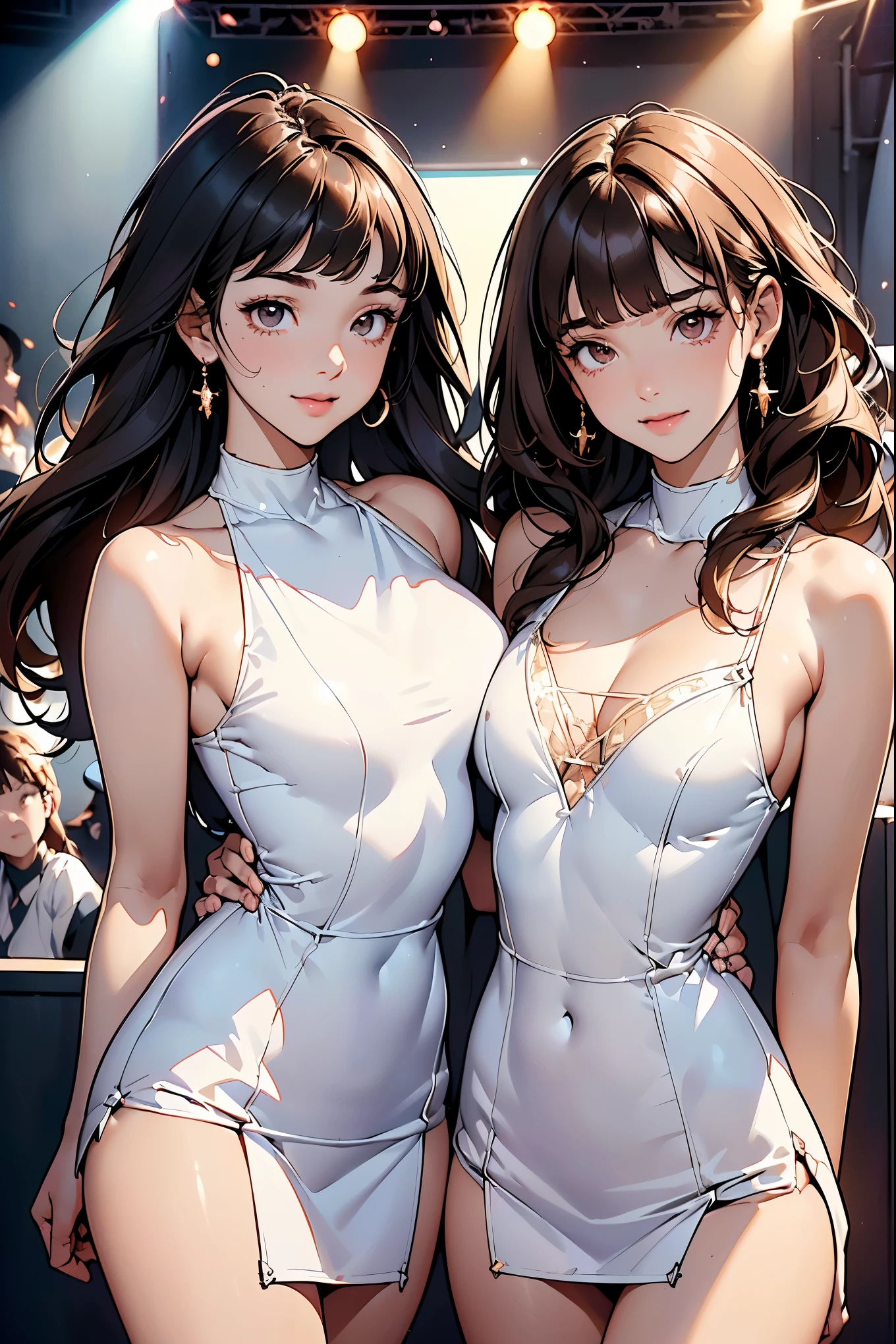 (Girls idol duo stage), ((Shorten your head, Reduce the volume of your hair,  dark brown Blunt bangs hair )), (( slit eyes , Hazel Eyes, round face,  transistor glamour,  white skin)), (( 2 are the same height )), (( top quality )),  clear , Photo style, ( full body shot), ( staring at me), ( turn your gaze here),  smiley smile , Idol