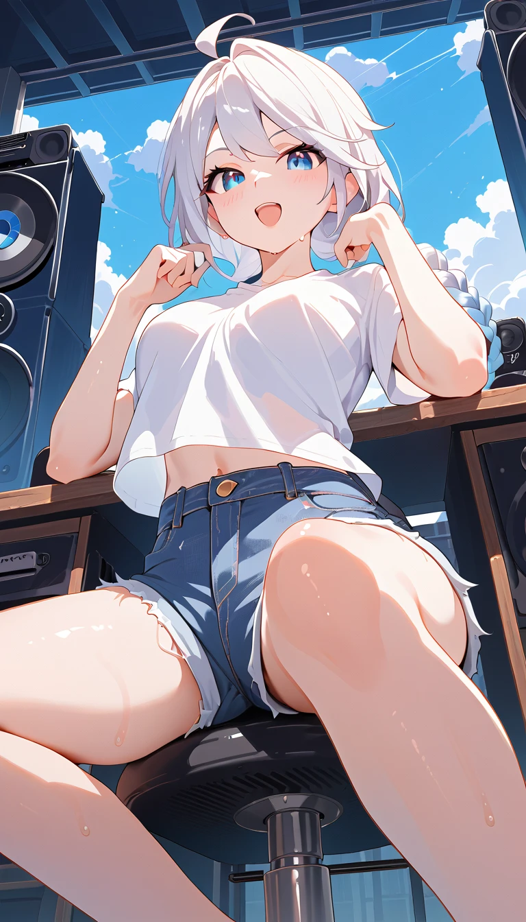 masterpiece,  Best Quality , Fraction_9, Fraction_8_up, Fraction_7_up, source_ Japanese Cartoons ,  Huge Speaker ,  expressive eyes, White hair, Double braid,  blue eyes, Big , Alternate Outfit , ( white shirt ), Short sleeve, denim shorts, Sitting, (Lean forward:1.3), panic, open mouth, Very close perspective , (From below)