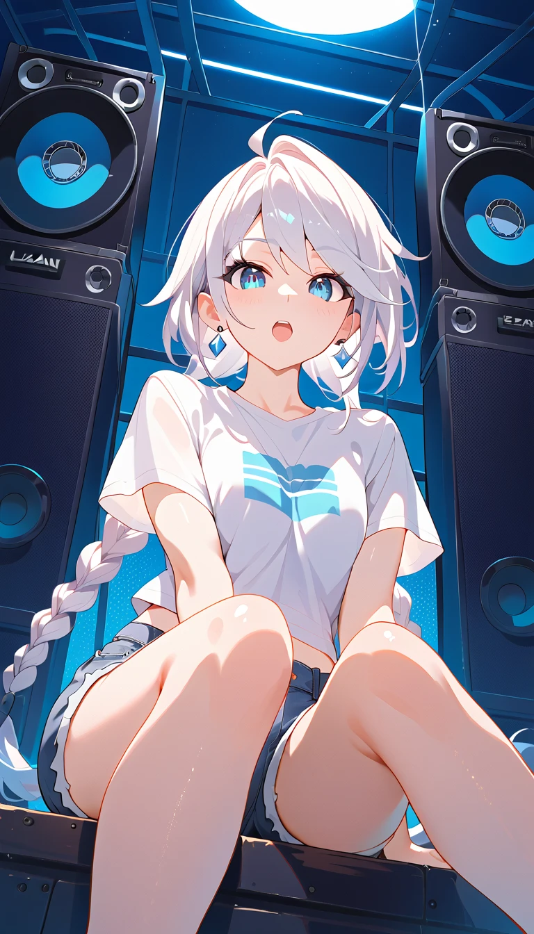 masterpiece,  Best Quality , Fraction_9, Fraction_8_up, Fraction_7_up, source_ Japanese Cartoons ,  Huge Speaker ,  expressive eyes, White hair, Double braid,  blue eyes, Big , Alternate Outfit , ( white shirt ), Short sleeve, denim shorts, Sitting, (Lean forward:1.3), panic, open mouth, Very close perspective , (From below)