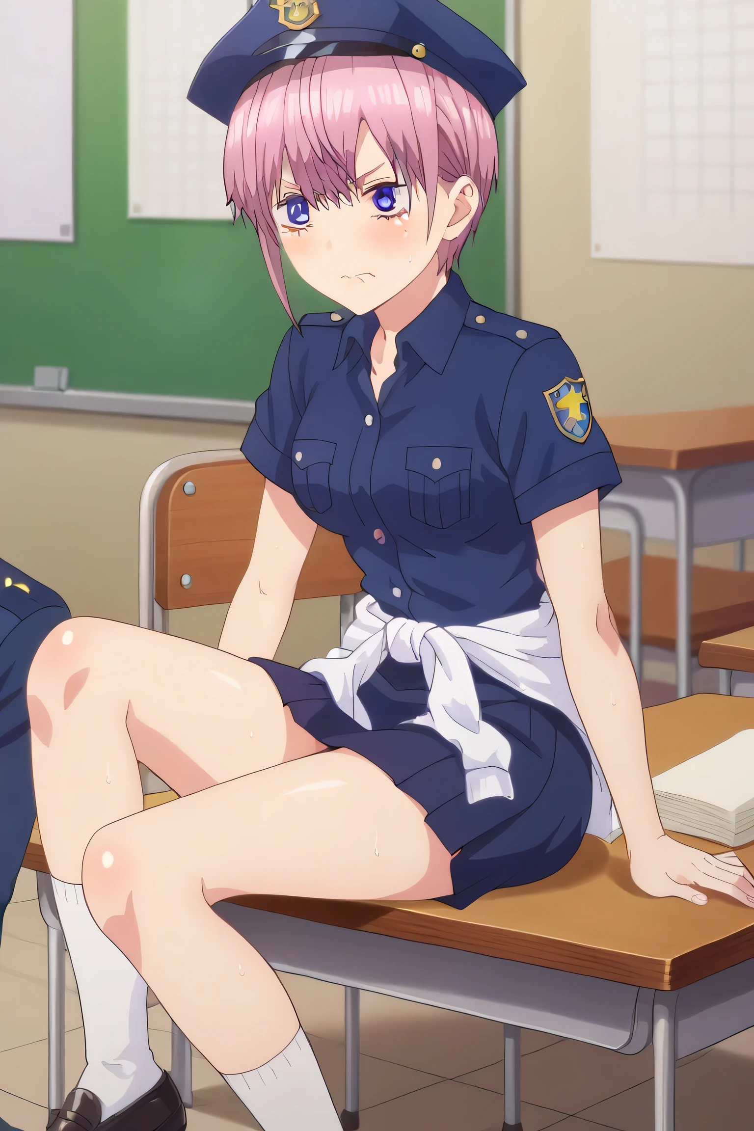score_9, score_8_up, score_7_up, source_anime, ichikanakano, 1girl, ichika nakano, short hair, bangs, blue eyes, hair between eyes, pink hair, pixie cut, skirt, shirt, police uniform, blue shirt, blush, pouting, angry face, closed mouth, hands on the chin, short sleeves rolled, soaked body, sweat all over clothes, shoes, socks, collared shirt, black footwear, police hat, white socks, black skirt, loafers, clothes around waist, side angle, indoors, police station, sitting on the desk, high resolution, masterpiece, best quality, accurate