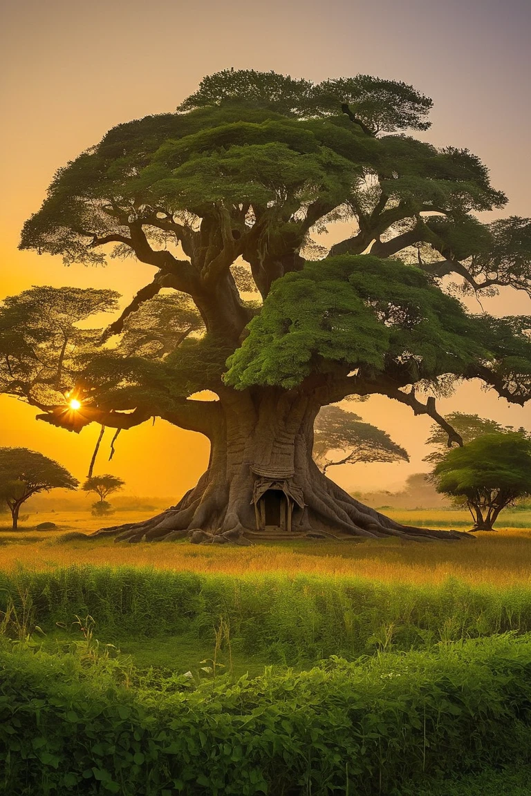 A serene village setting with a massive, ancient tree at its center, referred to as the 'Life Tree.' The tree has wide branches, deep roots that stretch into the earth, and a comforting shade where villagers gather to rest. The atmosphere is peaceful, with a golden sunset casting warm hues over the tree, and villagers sitting around it, enjoying its presence."