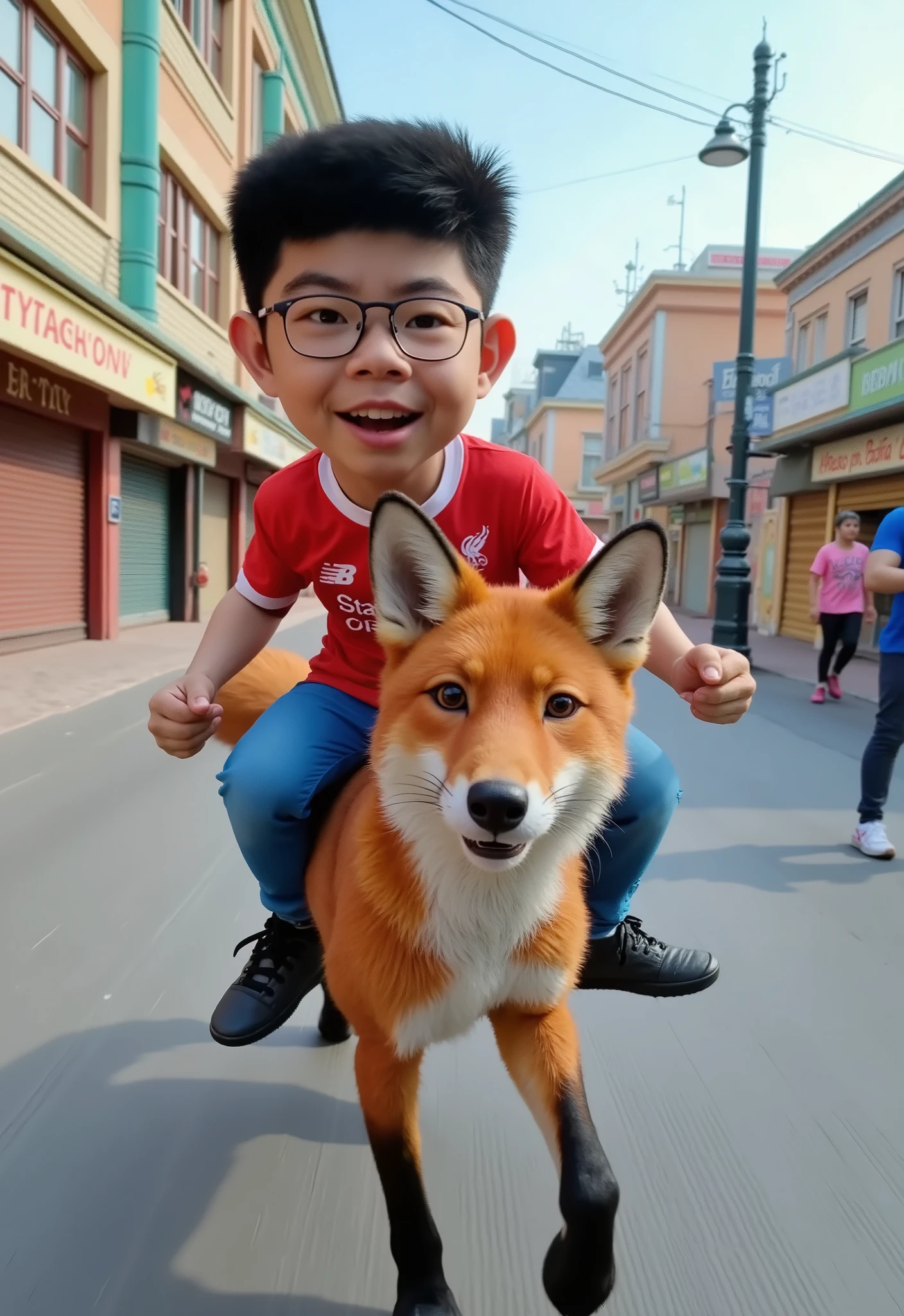 3D Pixar, A boy wearing glasses and a red "Liverpool" T-shirt riding on the back of a fox that wearing a blue "Leicester City" T-shirt running on the street laughing and having fun.