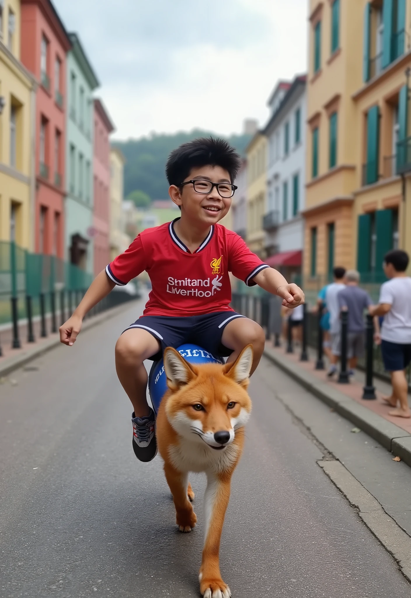 3D Pixar, A boy wearing glasses and a red "Liverpool" T-shirt riding on the back of a fox that wearing a blue "Leicester City" T-shirt running on the street laughing and having fun.