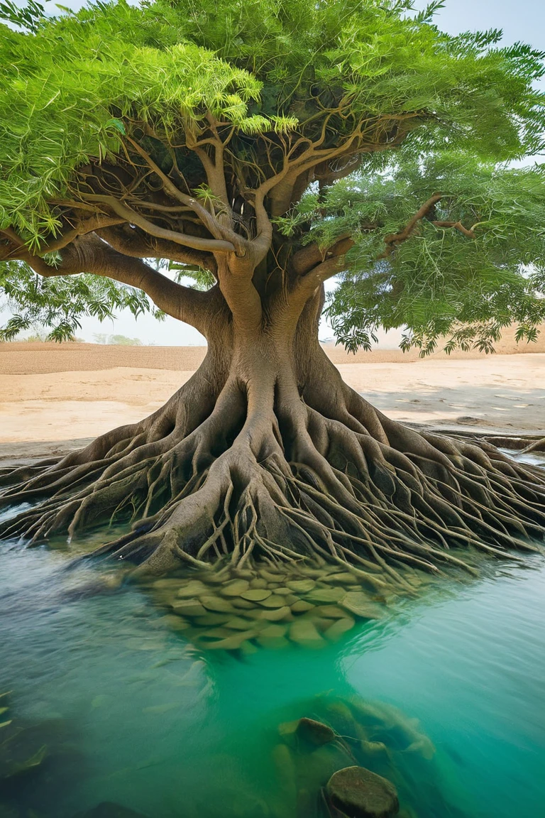 "A close-up view of the tree's deep roots merging with a clear water source, symbolizing life and connection. Villagers can be seen collecting water, sitting under the tree, and ren playing nearby. The scene highlights the tree's importance as a giver of life and shelter."
