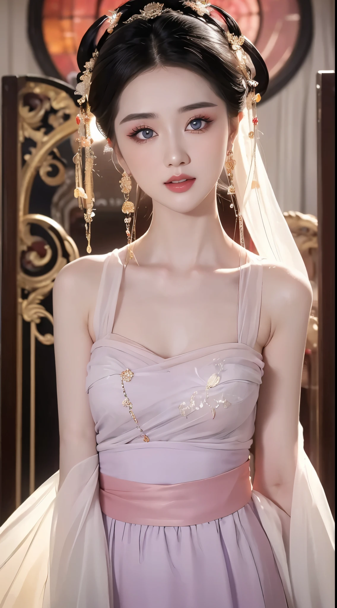 Most Real、top-quality、best pixels、8k ultra、(Photoreal Stick:1.8)、1girl, portlate、beautiful countenance、A detailed face、Face Sharp Focus、Perfect makeup、perfectly proportions、爆乳、big boobs, look to camera, big breasts thin waist、nabel、Crotch gap、big, toned buttocks、thighs thighs thighs thighs、Beautiful curvaceous、Toned and perfect female figure、bewitching、amorous、Dynamic Pose、Chinese-style clothing、(Ancient costumes with many phoenix patterns、chinese costume)、(gorgeous costumes:1.9)、(wearing elegant Chinese Xiuhe dress:1.5)、(china wedding dress)、thin mesh socks、Perfect white and pink face、Waist-length black hair、Very beautiful brown eyes、big eye、Small red lips、A charming smile、lofty nose、big round chest、 long slender legs、crown on head、A necklace with many jewels、耳Nipple Ring、Top of the red lace、Deep chest china clothes、Expensive china clothes with a lot of decorations、(Clothes with a lot of exposed skin)、Shoulders, navel and thighs are raw、The background is inside the castle、Blur background、