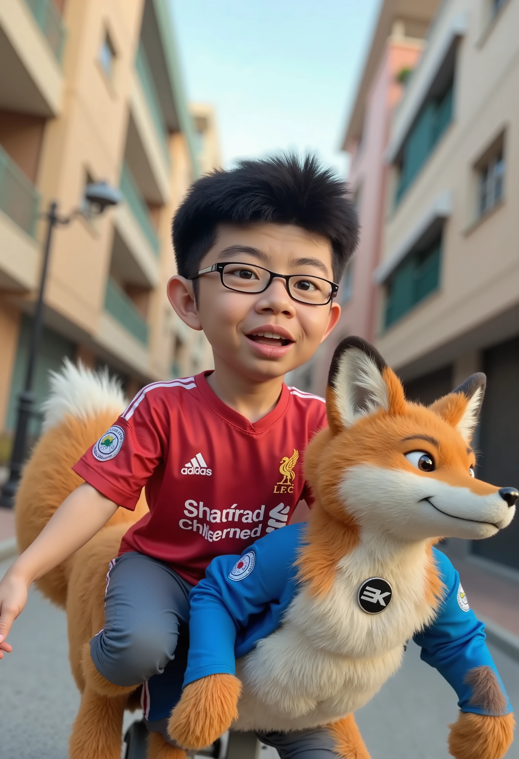 3D Pixar, A boy wearing glasses and a red "Liverpool" T-shirt riding on the back of a fox that wearing a blue "Leicester City" T-shirt running on the street laughing and having fun.