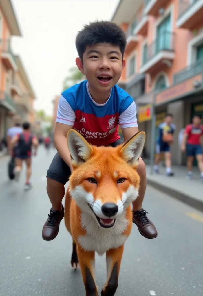 3D Pixar, A boy wearing a red "Liverpool" T-shirt riding on the back of a fox that wearing a blue "Leicester City" T-shirt running on the street laughing and having fun.