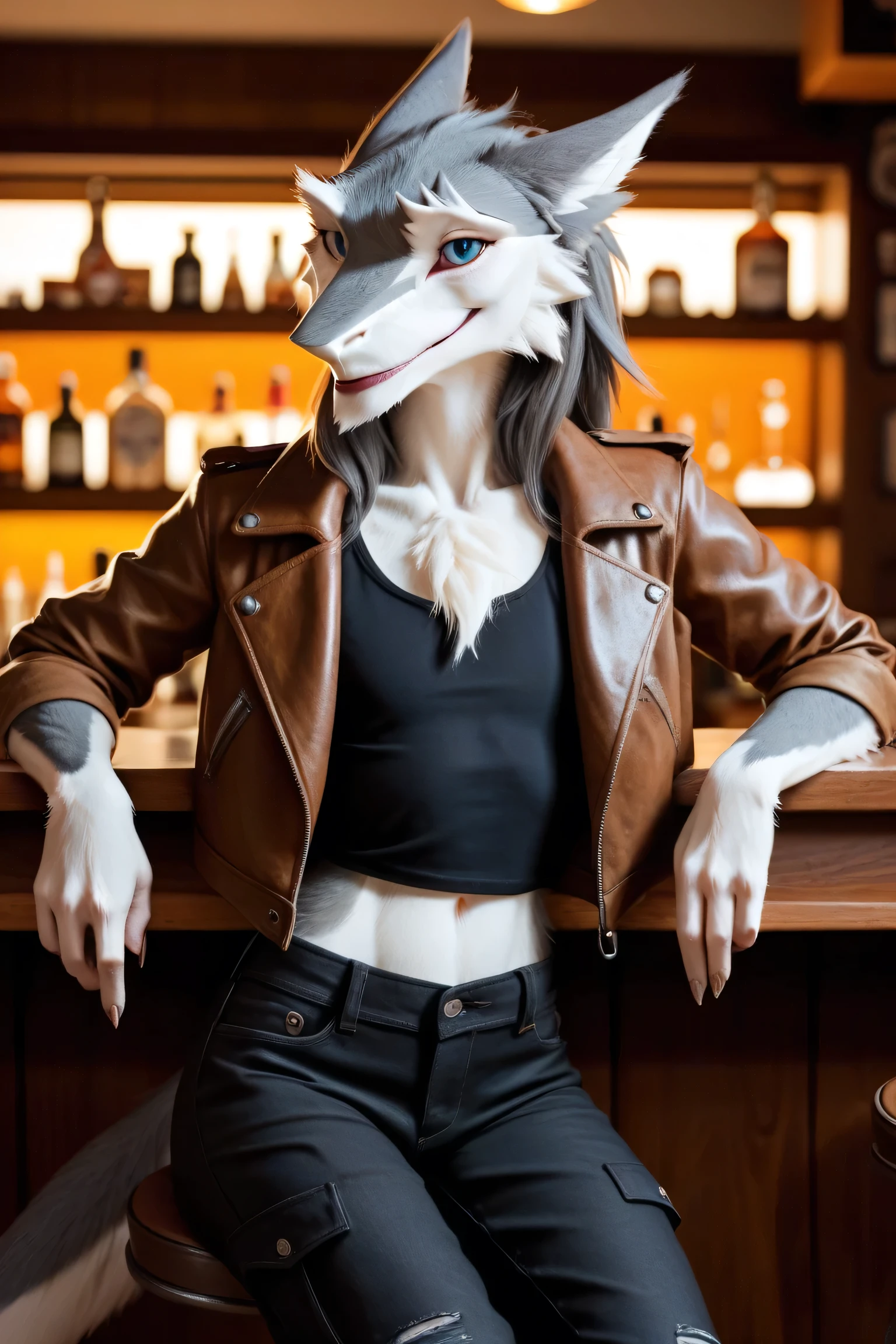 in the style of ajin, female sergal, solo, grey fur, blue eyes, dark stripe on nose, wearing a brown leather jacket over a tank-top, leather jacket, black cargo pants, flat chested, in a sci-fi bar, fluffy chest fur, sitting on the bar