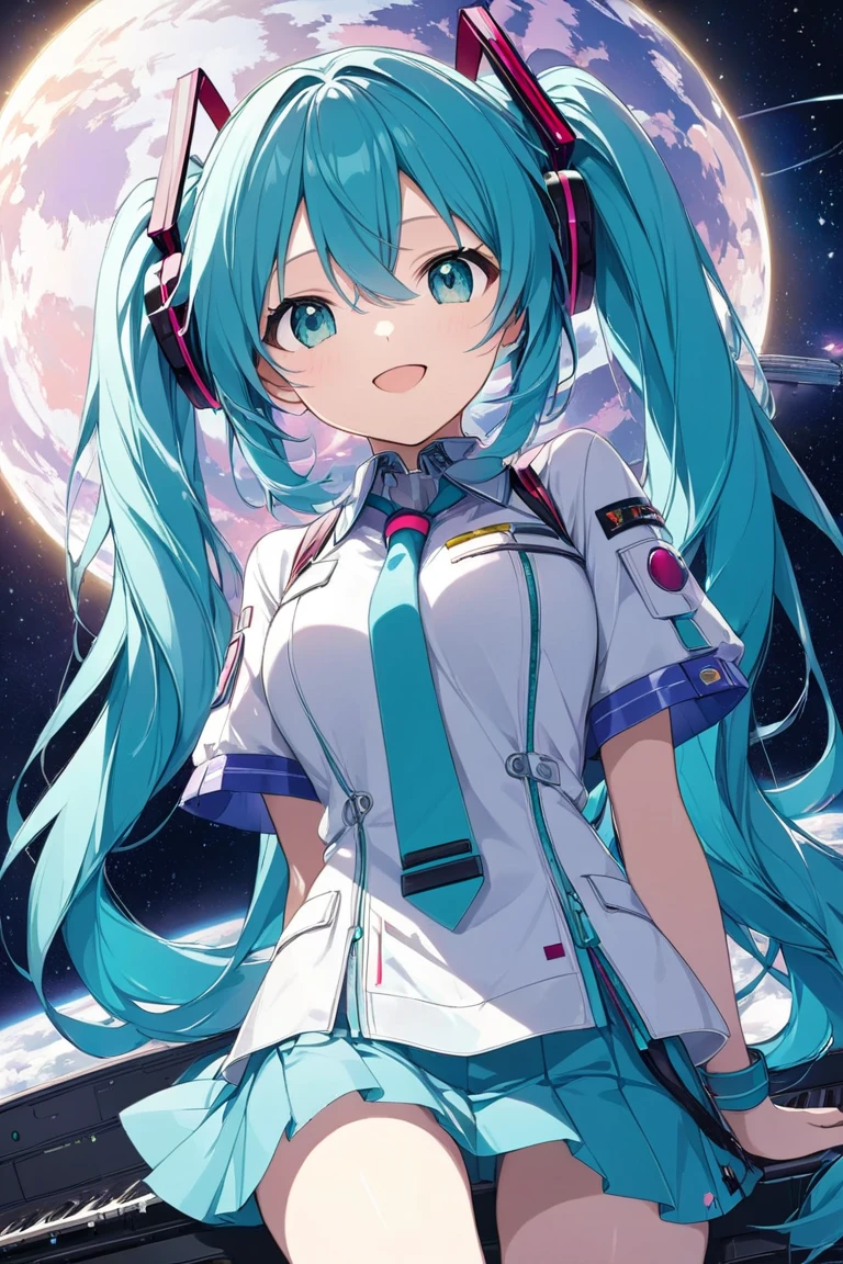  1 girl, Hatsune Miku 、  Wakino, (masterpiece,  top quality ), Official Art,  beautiful、And aesthetic : 1.2), ( 1 girl),  very detailed, (Geometric Art: 1.3), In space、 miniskirt 、 pattern 、smile、 singing