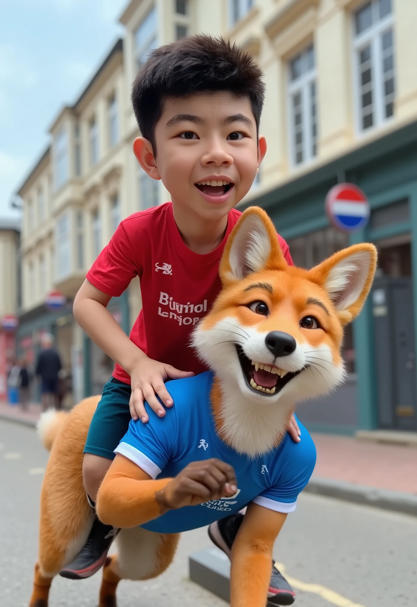 3D Pixar, A boy wearing  a red "Liverpool" T-shirt riding on the back of a fox that wearing a blue "Leicester City" T-shirt running on the street laughing and having fun.