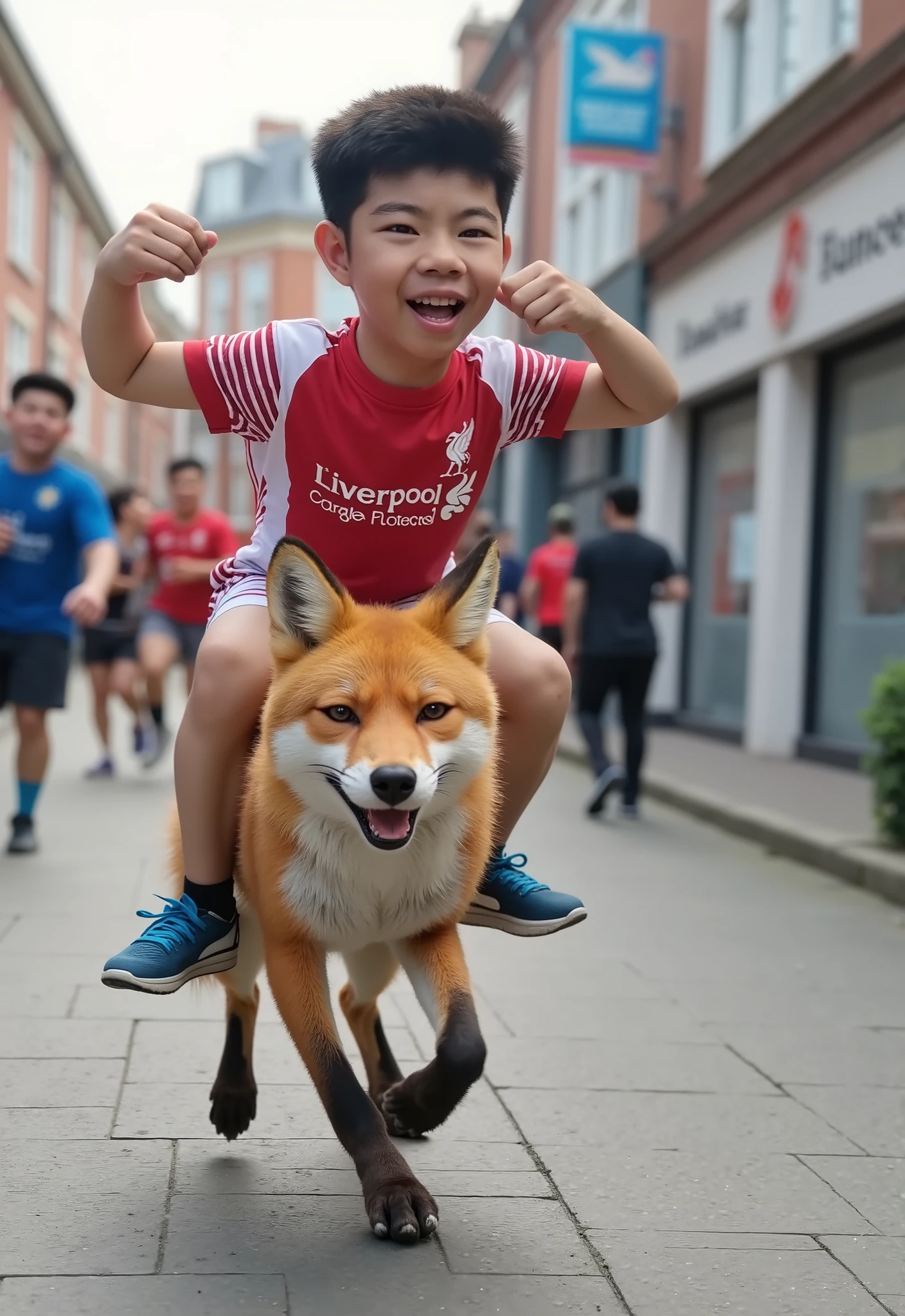 3D Pixar, A boy wearing  a red "Liverpool" T-shirt riding on the back of a fox that wearing a blue "Leicester City" T-shirt running on the street laughing and having fun.