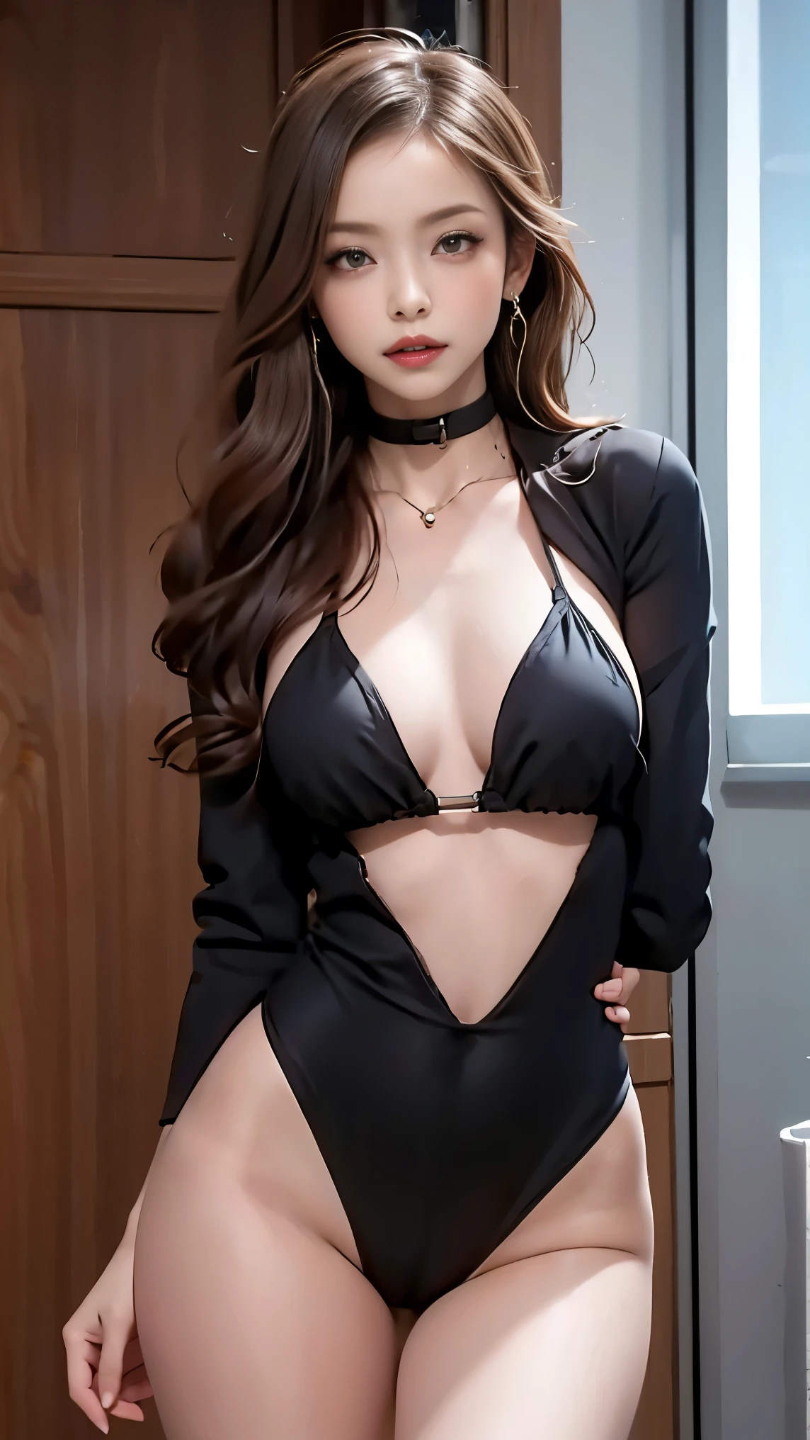 (best quality:1.2), (masterpiece:1.2), full body, very detailed, high resolution, 8k, ((1 girl)), (cute Japanese woman), (cute 24 year old beauty), Round face, cute round face, slim body, (slightly saggy medium breasts), thin lips, detailed face, Beautiful and elegant face, cute face, natural bangs, arched eyebrows, well-groomed eyebrows, (big eyes with a good balance between the left and right sides), cute eyes, beautiful eyes, beautiful thin nose, beautiful face line, (beautiful skin), medium hair, ((natural bangs)), slim figure, beautiful legs, smooth skin , slim and beautiful thighs, cute and sexy slim 24 year old woman, fair skin, Beautiful breasts, medium breasts, I-type Valley, cleavage, (The best lighting:1.5), (Slender and slim body:1.5), (Slim waist), (slim hips), Black hair, brunette hair, (Round face:1.4), (plump face:1.4), ((underboob)), Exposing her breasts, no bra, (naked, nude), ((topless:1.5)), (beautiful nipples),