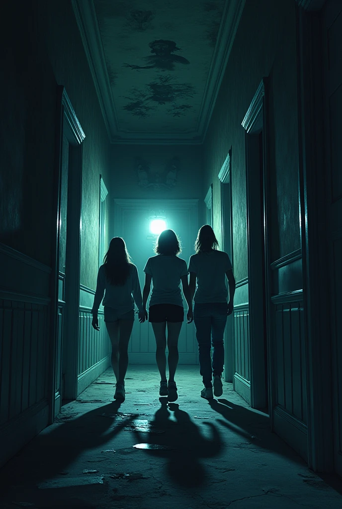 Prompt: "A group of friends cautiously entering a dark, old house. A gust of cold wind extinguishes the lamp they are holding. Inside the house, the atmosphere is chilling, with dark corners and strange shadows. The walls are covered in peeling paint, and the floor creaks ominously."