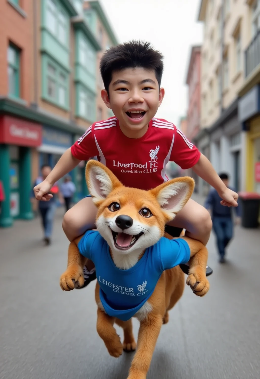 3D Pixar, A boy wearing  a red "Liverpool" T-shirt riding on the back of a fox that wearing a blue "Leicester City" T-shirt running on the street laughing and having fun.