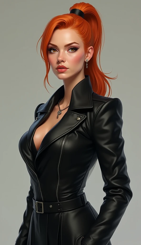 Natalie Portman, Ginger hair Emo Pin up Girl, Black Faux, Lustrous zomp eyes, Striking a pose, natural make up