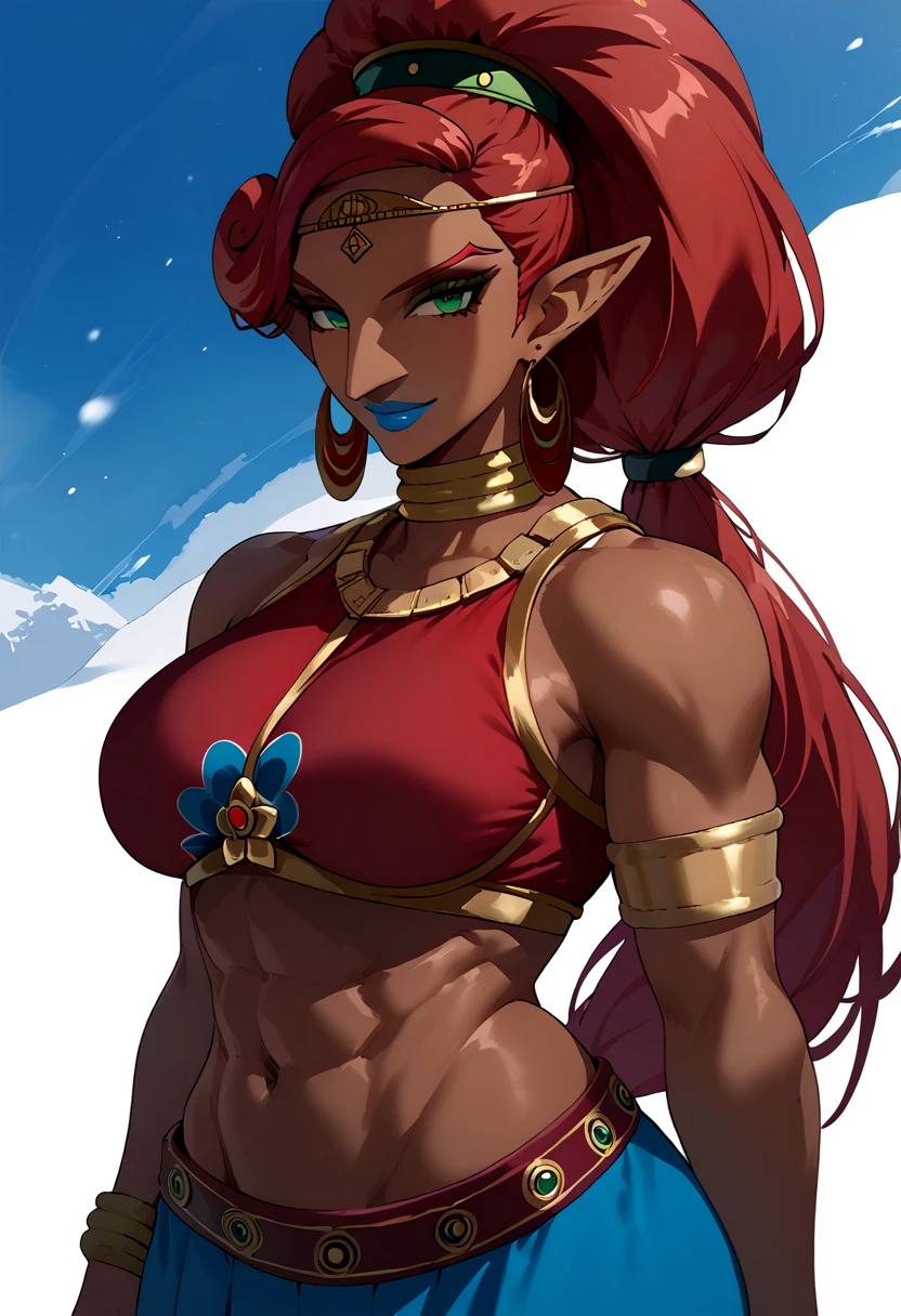 tall_female,Urbosa, large breasts,abs, armor, blue lips, very long hair, circlet, crop top, dark-skinned female, dark skin, earrings, green eyes, hoop earrings, jewelry, long hair,lace  lingerie , makeup, midriff, muscular, muscular female, narrowed eyes, navel, neck ribbon, pointy ears, red hair, ribbon, swept bangs, tan, wide ponytail, big hair, narrow hips, toned, curvy, gerudo,ornate,, 1girl, solo, looking at viewer,straight-on, upper body, official art, highres, scenery, (masterpiece:1.1), (best quality,:1.1), (high quality:1.1), (anime screencap:1.2), exposed pussy