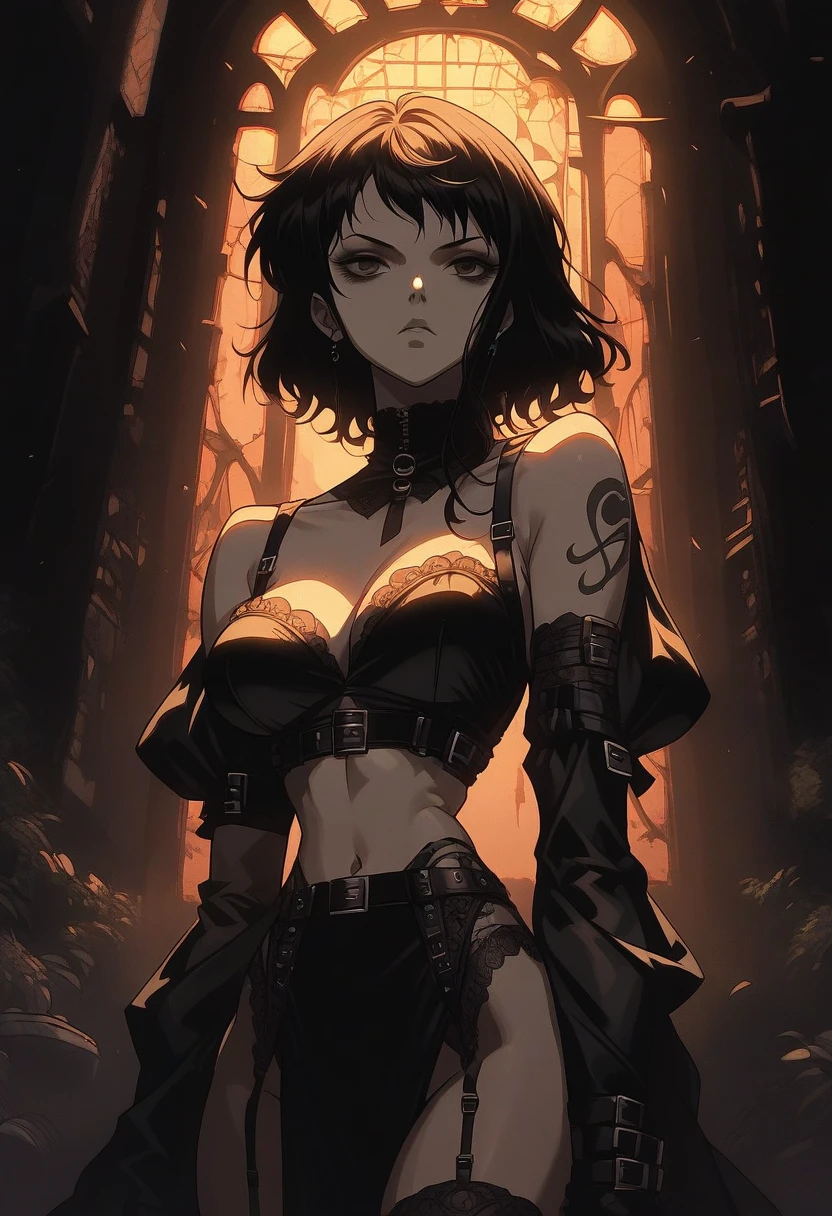 score_9, score_8_up, score_7_up, score_6_up, score_5_up, score_4_up,
solo, 
nami, gothic architecture, black leotard, black hair, small waist, eye shadow, midriff, arms spread, dagger, dark theme, exposed shoulders, black fingerless elbow gloves, black thigh highs, garter belt, god rays, full body